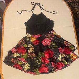 Floral Halter Prom Dress - Black and Red